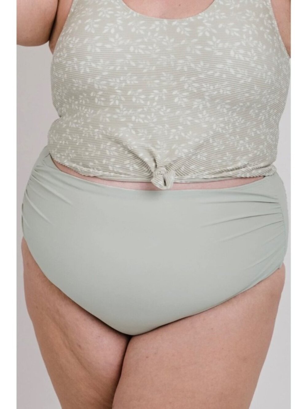 High-Waisted Bottoms In Sage. Coral Reef Swim XXL. Nylon/Spandex. Ruching Detail